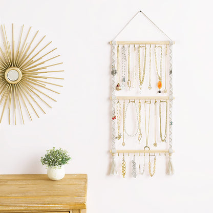Dahey Hanging Jewelry Organizer Macrame Necklace Holder with 30 Hooks and Headband Holder with 30 Hooks Boho Decor for Baby Girls Room