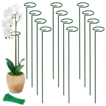 Unves 16" Tall Plant Support Stakes, 12 Pack Garden Flower Plant Stakes Single Stem, Garden Plant Support Cages Rings for Amaryllis Orchid Peony Rose, with 100 Pcs Twist Ties