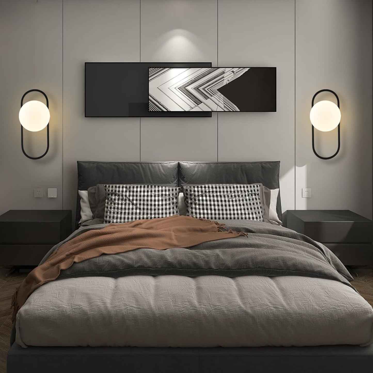 SeeU Vintage Black Wall Sconces Set of Two Globe Wall Lamp with Milky Glass Shades Modern Wall Light Fixtures for Living Room, Bedroom, Stairs, Hallway