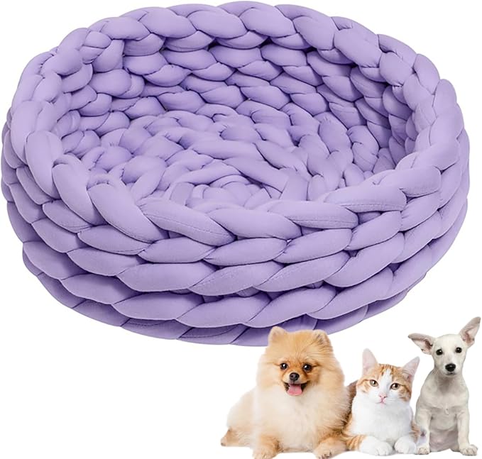 Woven Dog Bed Basket, Knitted Cotton Cat Bed Round Washable Woven Cat Pet Bed Chunky Dog Basket, Orthopedic, Chunky Knit Dog Nest,Dog Bed,Dog Cave,Dog Bedding(Purple,23")