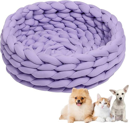 Woven Dog Bed Basket, Knitted Cotton Cat Bed Round Washable Woven Cat Pet Bed Chunky Dog Basket, Orthopedic, Chunky Knit Dog Nest,Dog Bed,Dog Cave,Dog Bedding(Purple,21")