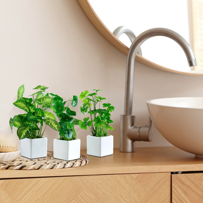 MyGift Set of 3 Artificial Plants, Faux Potted Plants Indoor, Small Fake House Plant in White Square Ceramic Pots for Shelf Decor