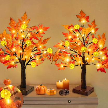TURNMEON Fall Decor 2 Pack 18 Inch Prelit Fall Maple Tree Fall Decorations for Home with 48 LEDs Timer Battery Operated Pumpkin Lights Lighted Thanksgiving Halloween Decor Table Mantle Indoor Outdoor