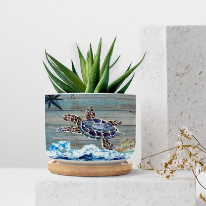 DreamAutumn Ocean Theme Sea Turtle Ceramic Pots for Plants with Drainage Holes Round Flower Pot Bamboo Tray Orchid Pot Succulents Pots for Outdoor Indoor Plants,Housewarming Gifts