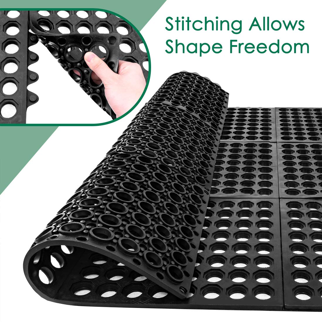 Interlocking Rubber Mats for Floor Anti Fatigue Kitchen Mats 9 Pack 11.8" x 11.8" Modular Rubber Interlocking Floor Tiles, Pool Balcony Patio Yard Pet Area Use Restaurant Rubber Bar Floor Mat Black