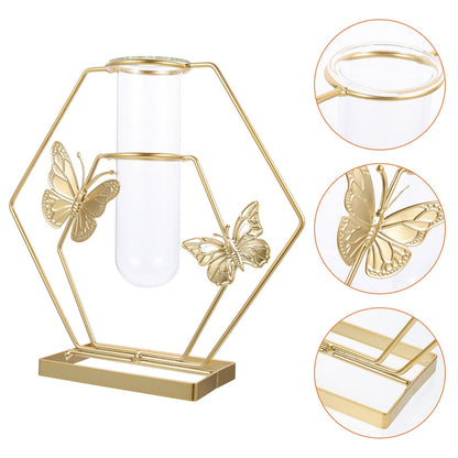 DECORNIJIA Metal Framed Glass Vase with Butterfly Pattern, Hexagonal Hydroponic Flower Pot for Desktop Decoration, Home Terrarium Plant Holder for Living Room Table