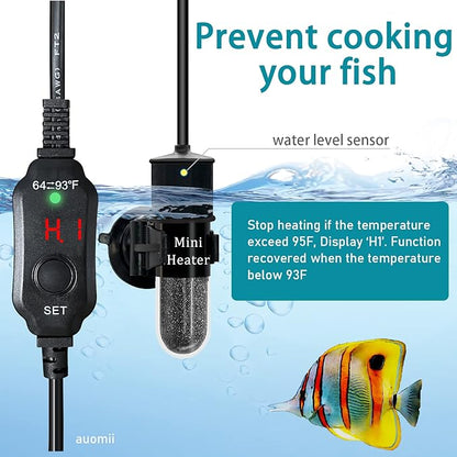 Mini Submersible Aquarium Heater, 25/30/50/100/150/200 Watts Adjustable Fish Tank Heater, Built-in Thermometer, External Temperature Controller, Smart Memory, Used for 1-60 Gallons (30W Plug)