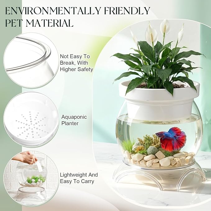 Geelin 1 Gallon Plastic Aquaponic Betta Fish Tank Aquaponic with Base and Top, Large Bowl Shatterproof Ecosystem Aquarium with Clear Clarity for Terrarium, Flower Vase Betta Fish Centerpiece Gifts