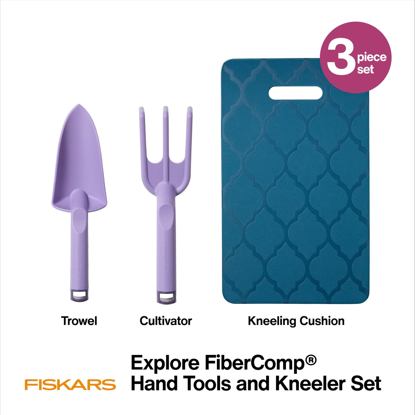 Fiskars 3-Piece Gardening Set, Explore Collection Hand Tools and Kneeler, FiberComp Trowel and Cultivator, Dual Layer Knee Pad for Digging, Weeding, and Soil Aeration, Lightweight Rustproof Design