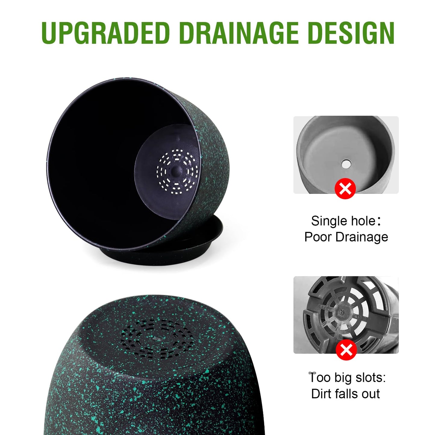 WSMKSZ Large Flower Pots 12/10/9 inch, Set of 3 Decorative Plastic Planters with Drainage Holes and Saucers for Garden House Plants, Plant Pots for Indoor Outdoor Plants, Black with Green Speckles