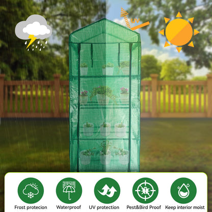 Grandhom Mini Greenhouse,4 Tier Small Portable Greenhouses Kit with Caster Wheels and Roll-up Zipper PE Cover,Green House for Indoor Outdoor Seedling and Plant Growing 27.6" L x 19.7" W x 65" H,Green