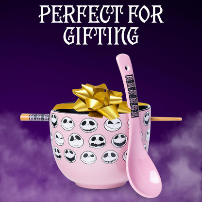 Silver Buffalo Disney Tim Burton's Nightmare Before Christmas Jack Skellington Different Emotions Faces Ceramic Ramen Noodle Rice Bowl with Chopsticks and Spoon, Microwave Safe, 20 Ounces