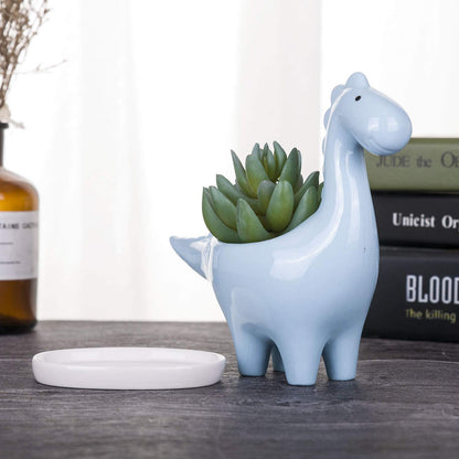 VanEnjoy Desktop Cute Cartoon Herbivorous Dinosaur White Ceramic Succulent Planter with Tray, Bonsai Cactus Flower Pot Vase Holder Decorative Organizer