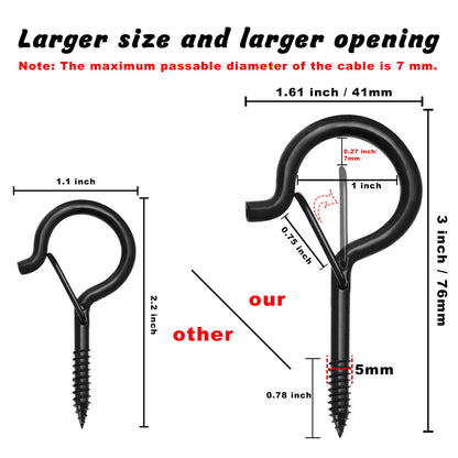Ansxiy 20 PCS 3 inches Q-Hanger Hooks with Safety Buckle, Screw Hooks for Outdoor String Lights, Ceiling Hooks for Hanging Plants, Black