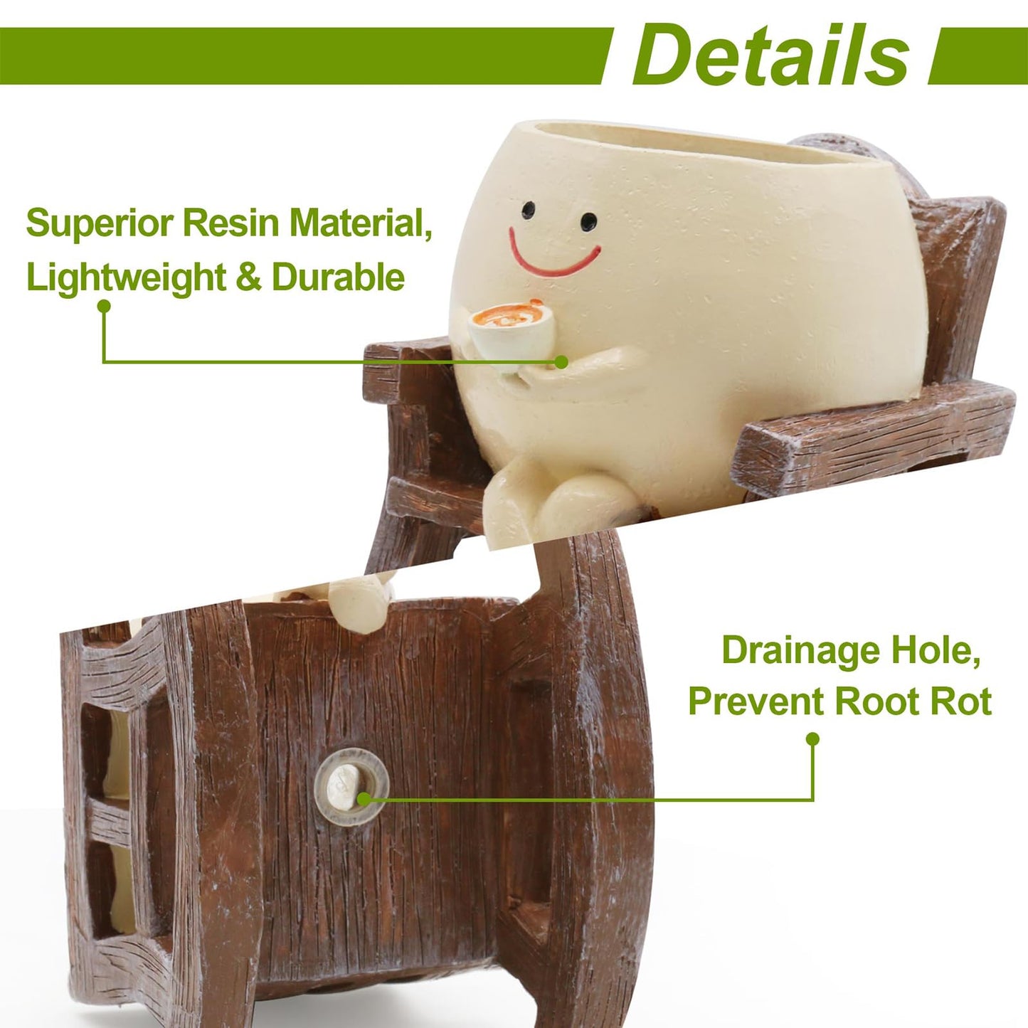 MUZZIOU Smiley Face Planter Pot, Cute Resin Smile Face Flower Head Plant Pot, Creative Flower Pot for Indoor Outdoor Plants, Funny Home Decoration (Drinking Coffee)