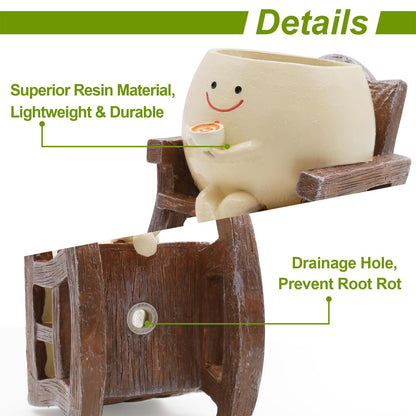 MUZZIOU Smiley Face Planter Pot, Cute Resin Smile Face Flower Head Plant Pot, Creative Flower Pot for Indoor Outdoor Plants, Funny Home Decoration (Drinking Coffee)