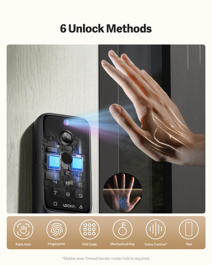 Lockin Veno Plus Smart Lock with 2K 180° Security Camera & Video Doorbell, AI Local Storage, Palm Vein/Fingerprint Keyless Entry Door Lock, Smart Locks for Front Door Bulit in Wi-Fi, App Control