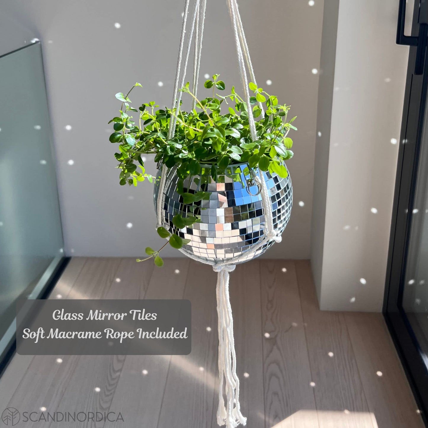 SCANDINORDICA Disco Ball Planter 8" Silver with Chain and Macrame Hanger and Disco Ball Planter Pot 4.3" with Saucer (0.3x0.3 mirror tiles)