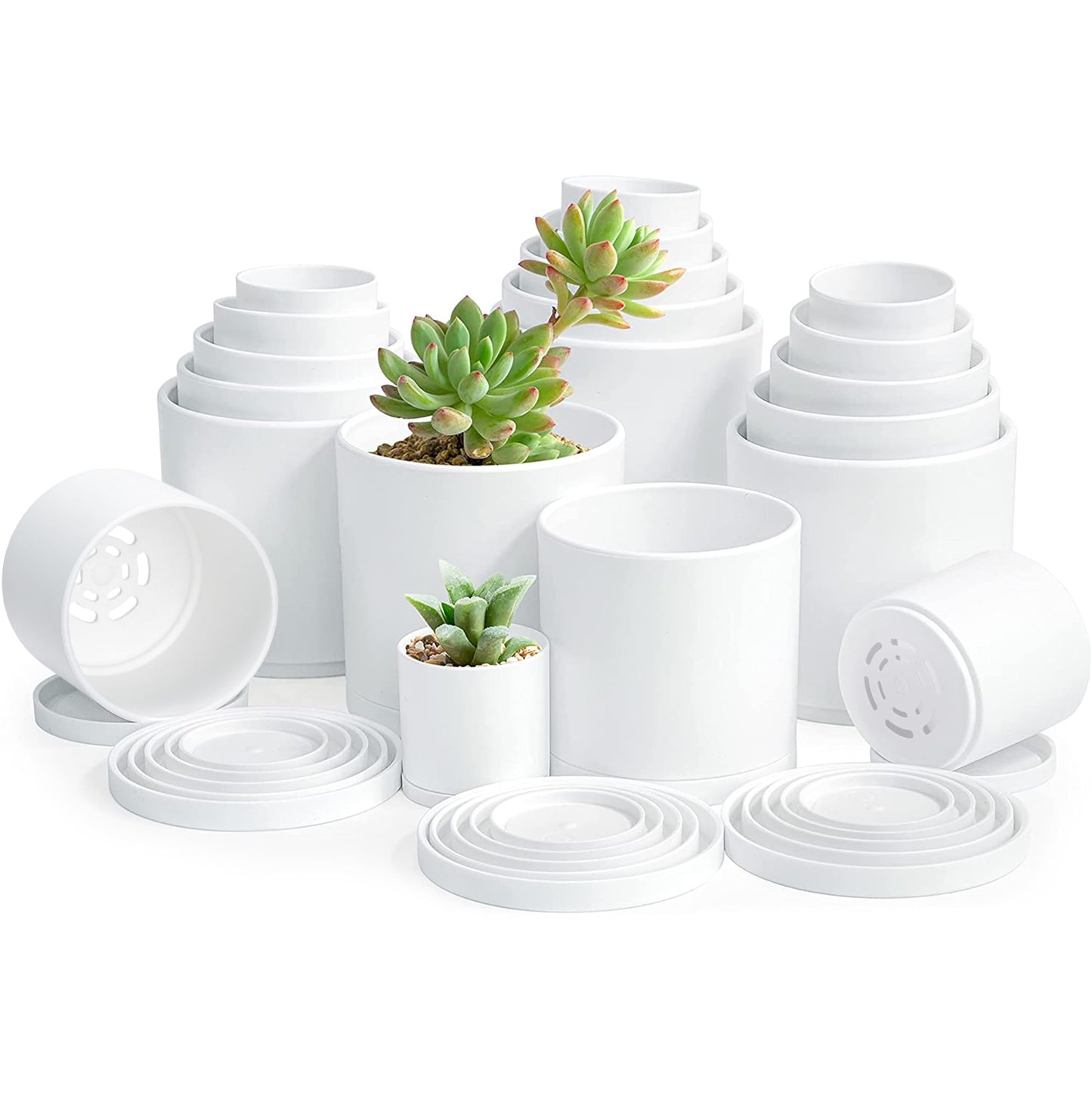 D'vine Dev Pack of 20 Plastic Plant Pots (4 Set of 2 Inch, 2.5 Inch, 3 Inch, 3.5 Inch, 4 Inch) Small Garden Planter Pots for Plant with Drainage Holes and Saucers, White, 74-U-A