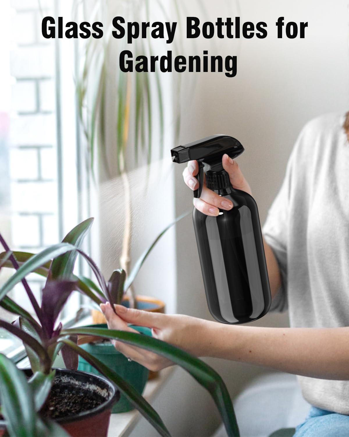 Bontip Glass Spray Bottle, Black Glass Spray Bottle Set & Accessories Refillable for Plants Window Cleaners Aromatherapy Facial hydration Watering Flowers Hair Care (2 Pack/16oz) (Black)