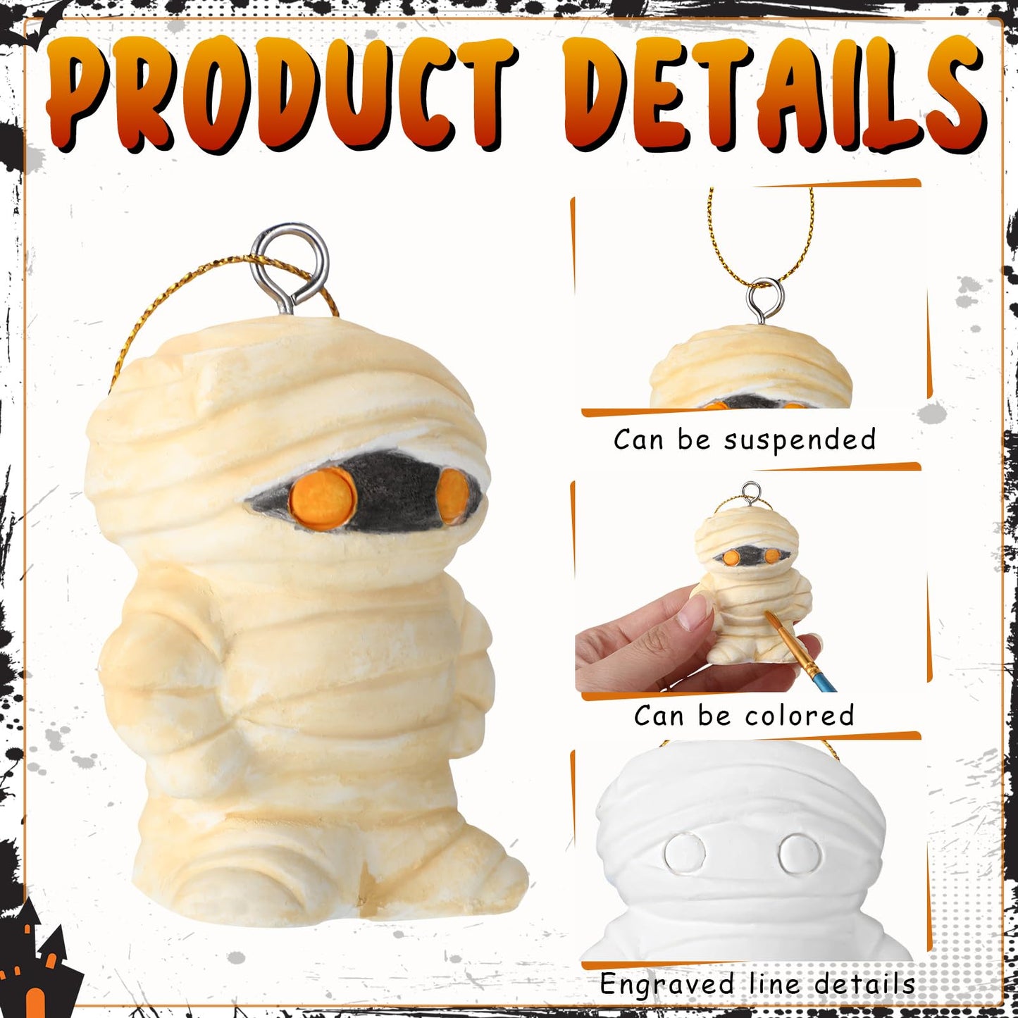 Glimin 24 Pcs Halloween 3D Ceramics to Paint Make Your Own Kit Unpainted Ceramic Pumpkins Ghost Plaster Bulk DIY Keychains Ready to Paint Figurines Halloween Hanging Ornaments for Crafts, 6 Styles