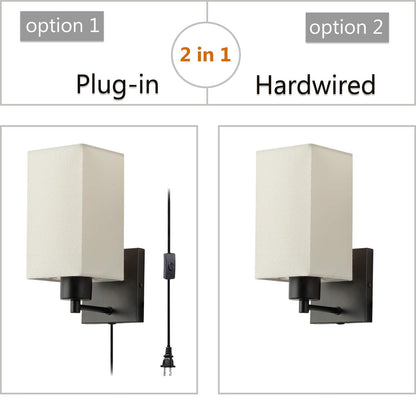 KOONTING® Plug in Wall Sconce Set of 2, Rustic Wall Lamp with Plug-in Cord and On/Off Toggle Switch, Beige Fabric Shade Wall Light Fixture for Headboard Bedroom Living Room Hallway