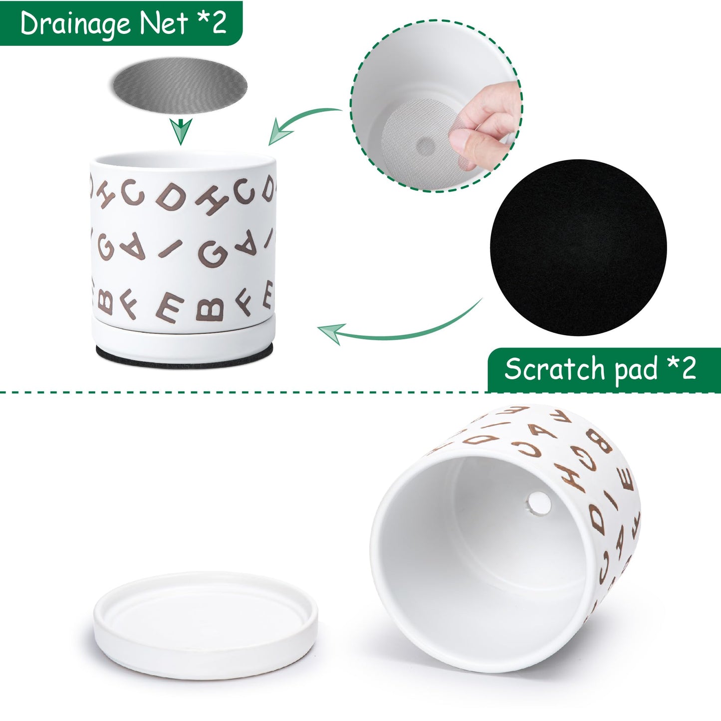 D'vine Dev Set of 2 Ceramic Planter Pots with Drainage Hole and Saucer, 6 Inch Plant Pots for Plants Indoor Houseplants, White, 99-Z-G-1-Y