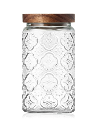 PENGSHU Vintage Glass Jar with Wood Lid - Christmas Airtight Canisters for Kitchen Countertop Bathroom, Storage Candy, Cookie, Coffee, Apothecary, Sugar, Flour,Pet Treat (Begonia, 34oz/1000ml)