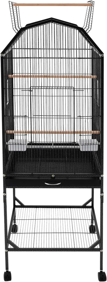 53.5 Inch Iron Bird Cage, Large Parakeet Cages with Play Open Top and Rolling Stand, Bird House with Detachable Stand and Pull-Out Tray for Cockatiels, Parrots, Lovebirds, Canaries (Black, Style B)