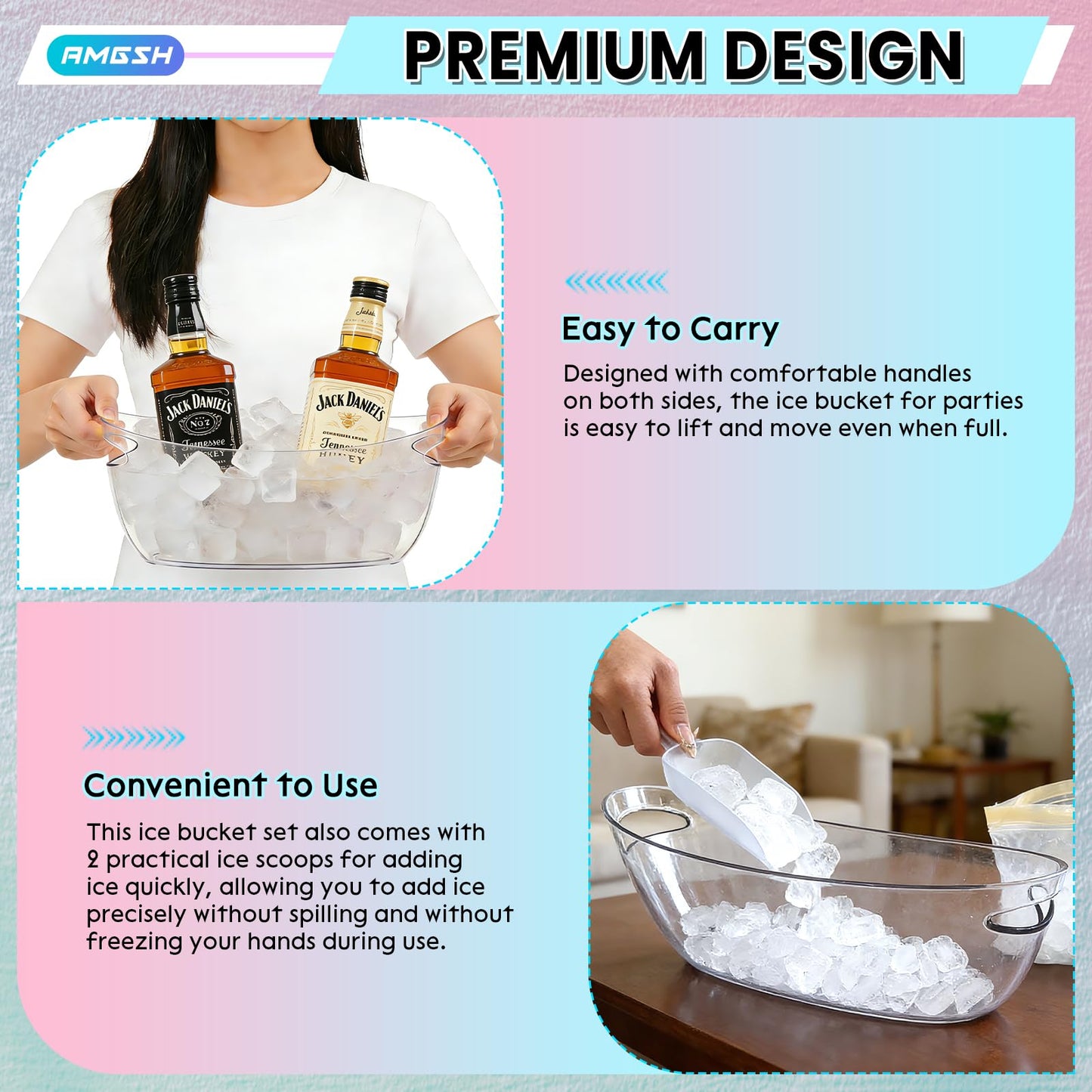 AMGSH 2 Pcs Ice Bucket, 5L Beverage Tub with Scoops, Clear Ice Buckets for Parties, Portable Drink Cooler for Cocktail Bar, Champagne Bucket for Beverage/Wine/Beer, Mimosa Bar Supplies Chiller Tub
