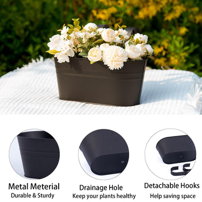 pansparade 3 Pack Metal Hanging Flower Pots for Railing Fence，Outdoor Balcony Rail Planter with Detachable Hooks Drainage Holes for Deck Garden Home Decor Black