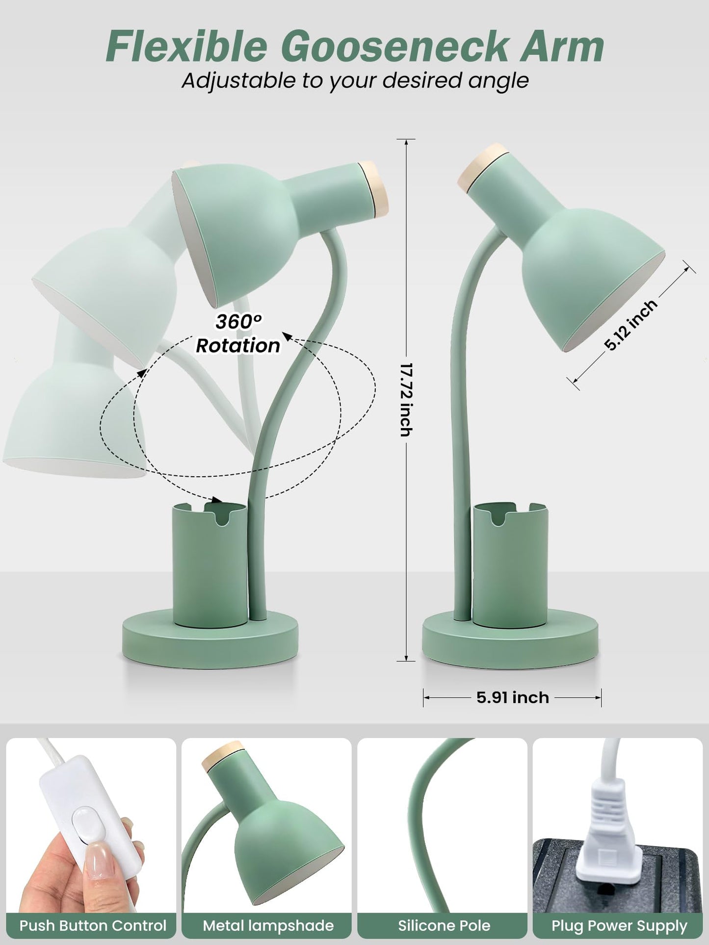 DSYHYL LED Desk Lamp for Home Office, Table Lamp with Pen Holder, 3 Color Modes Reading Light, Eye-Caring Desk Light with Gooseneck, Metal Study Lamp for Dorm Bedside Bedroom (Green Lamp)