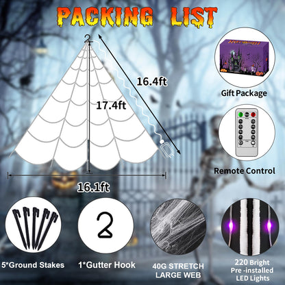 Halloween Decorations Outdoor, 250 LED Halloween Giant Spider Web Lights, 200" Lighted Spiderweb Light up with 8 Modes for Yard Haunted House Decor, Remote Control Without Spider Purple Orange