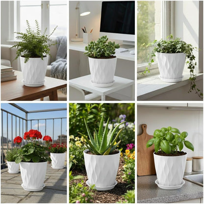LESOASIS Plant Pots 8 Inch, 6 Pack Plastic Flower Pots for Indoor & Outdoor Plants, Planters with Drainage Holes and Saucer, Garden Pot for Plants (White)