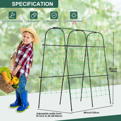 FOLLOOK Cucumber Trellis for Raised Garden Bed, Rustproof Metal Garden Arch Trellis for Climbing Plants Support Outdoor Fruit Grape Vine Vegetable Tomato Pole Bean Snap Pea Trellis, 48x48inch, Black