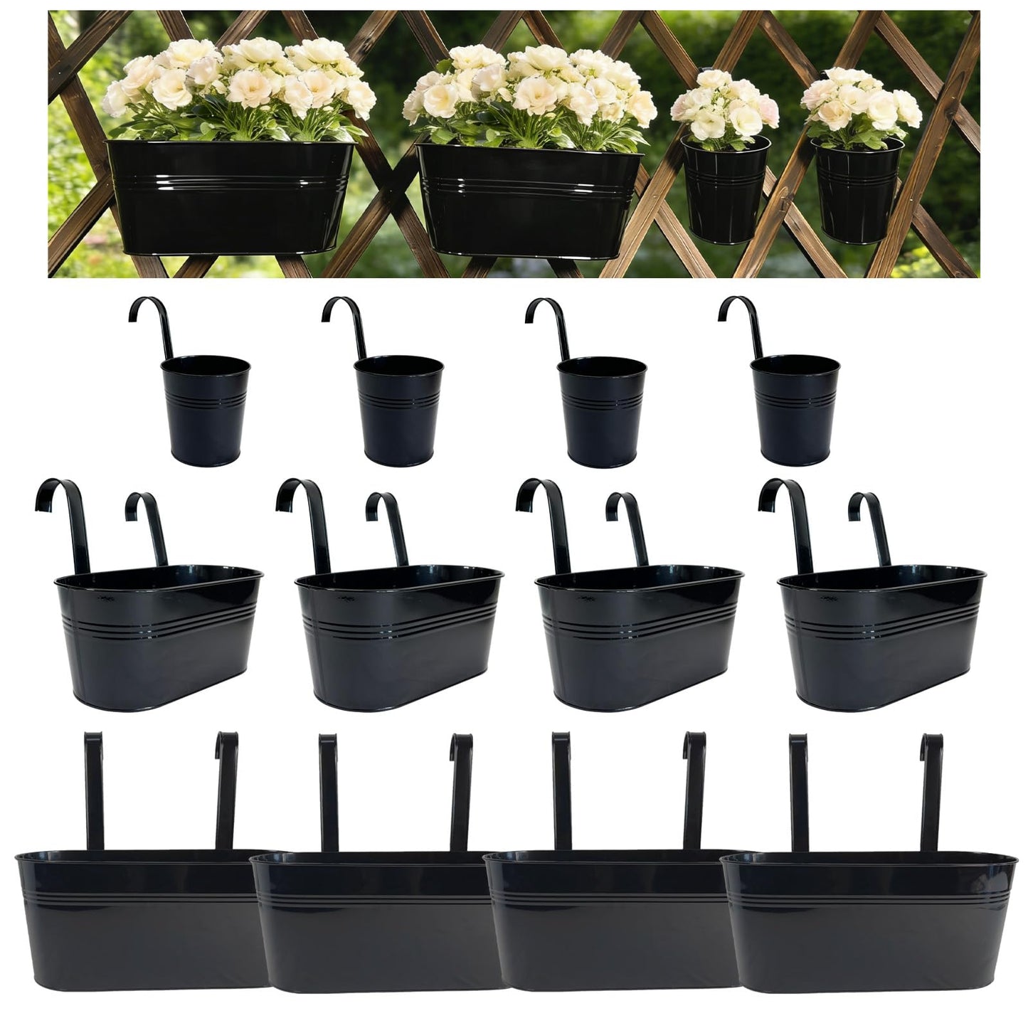 Joyfernal Set of 12 Balcony Hanging Planters, 4 Pcs 17" Metal Railing Flower Pots & 4 Pcs 12" Deck Planter & 4 Pcs 4" Fence Pot for Outdoor Patio Garden Décor, Black