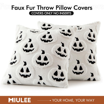 MIULEE Thanksgiving Fall Halloween Throw Pillow Covers 18x18 Decorative Pumpkin Pattern Pillowcases Soft Plush Faux Wool Cushions for Home Patio Sofa Couch,White