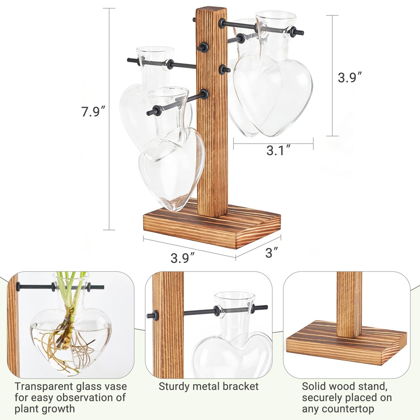 Mkono Heart Shaped Propagation Station with Wood Stand, Glass Hydroponic Planter Desktop Plant Terrarium for Home Office Decor, Gifts for Plant Lovers - 4 Love Bulb Pot Vase