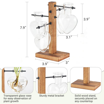 Mkono Heart Shaped Propagation Station with Wood Stand, Glass Hydroponic Planter Desktop Plant Terrarium for Home Office Decor, Gifts for Plant Lovers - 4 Love Bulb Pot Vase
