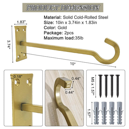 QIEGL 10inch Heavy Duty Plant Hangers Outdoor or Indoor Bird Feeder Hanger Shepherd Hooks 2pcs Gold Metal Wall Hook for Hanging Plant Bracket, Lantern, Flower Basket, Wind Chimes