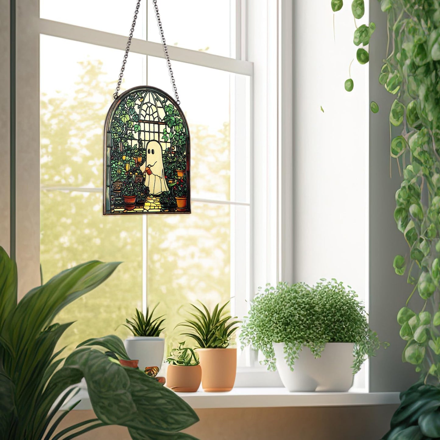 Colingmill Ghost Plant Suncatcher Cute Ghost Greenhouse Suncatcher Ornament Halloween Stained Glass Light Catcher, Halloween Garden Window Family Art Wall Decor, Plant Lovers Gift for Mom
