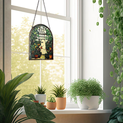 Colingmill Ghost Plant Suncatcher Cute Ghost Greenhouse Suncatcher Ornament Halloween Stained Glass Light Catcher, Halloween Garden Window Family Art Wall Decor, Plant Lovers Gift for Mom