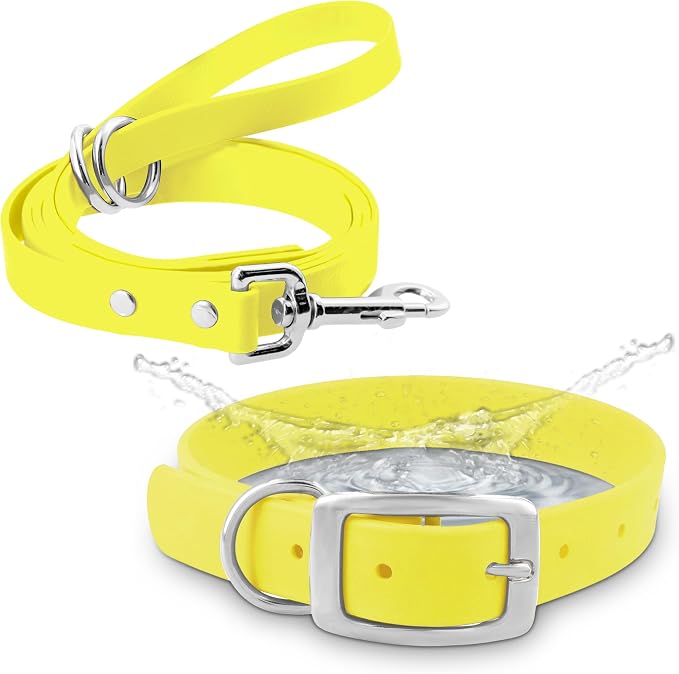 Regal Dog Products Medium Yellow Waterproof Dog Collar and Leash Set | Heavy Duty Double Buckle & D Ring - 5'ft Leash | Adjustable Biothane Dog Collar | Chew Resistant Waterproof Collar for Dogs