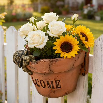 Juliahestia Rustic Turtle Welcome Wall Planter Pot Resin Clay Look Cute Planters for Indoor Outdoor Dry & Artificial Flowers Planters for Porch Garden Pots Gift for Garden Lovers