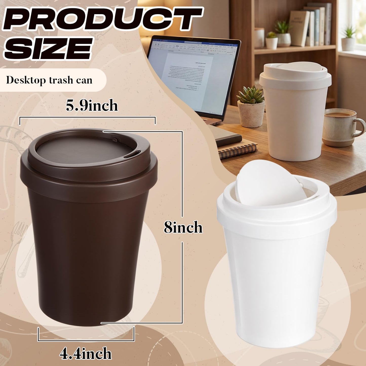 Xuhal 2 Pcs 0.9 Gallon Coffee Cup Desktop Trash Can with Swing Lid, Small Plastic Brown and White Waste Bin for Office Coffee Table, Mini Countertop Wastebasket for Desk Vanity Counter Tabletop