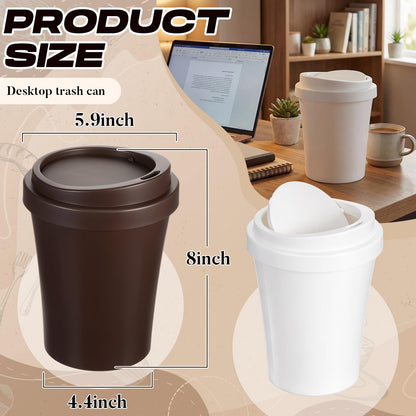 Xuhal 2 Pcs 0.9 Gallon Coffee Cup Desktop Trash Can with Swing Lid, Small Plastic Brown and White Waste Bin for Office Coffee Table, Mini Countertop Wastebasket for Desk Vanity Counter Tabletop