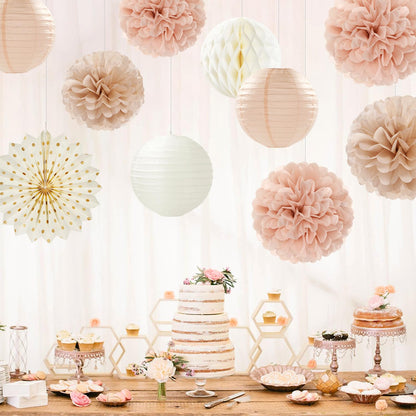 Champagne-Gold Beige-Peach Boho Party-Decorations Streamers - 14pcs Fall Neutral Baby Shower Rustic Bohemian Wedding Paper Honeycomb Lanterns Fan,Birthday Bachelorette Bridal Decor Lasting Surprise