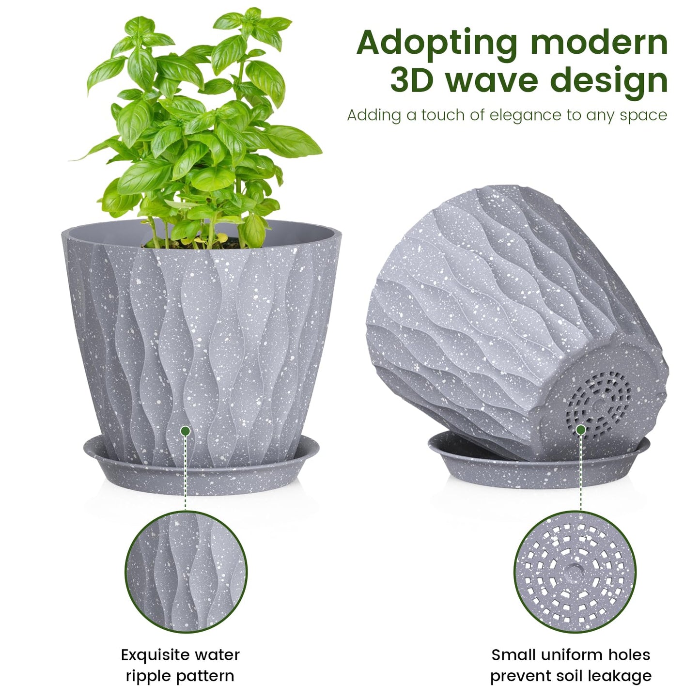 Meowell 7/6.5/6/5.5/5/4.5/4 inch Plant Pots for Indoor Outdoor Plants, 7 Pack Thick Flower Pots with Drainage Holes and Saucers, Modern Wave Texture Plastic Planters Nursery Pots, Speckled Grey