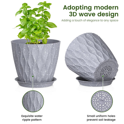 Meowell 7/6.5/6/5.5/5/4.5/4 inch Plant Pots for Indoor Outdoor Plants, 7 Pack Thick Flower Pots with Drainage Holes and Saucers, Modern Wave Texture Plastic Planters Nursery Pots, Speckled Grey