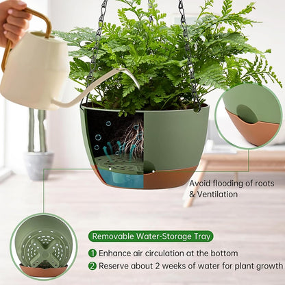Kvetto Set of 2 Hanging Planters for Indoor Outdoor Plants, 8 Inch Self-Watering Hanging Flower Pots with Drainage Hole & Removable Water-Storage Tray (Hooks)